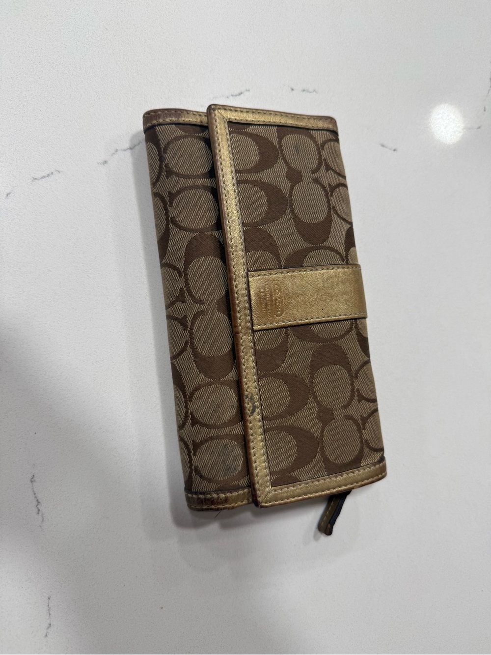 Coach Brown Signature Canvas Wallet with Gold Trim